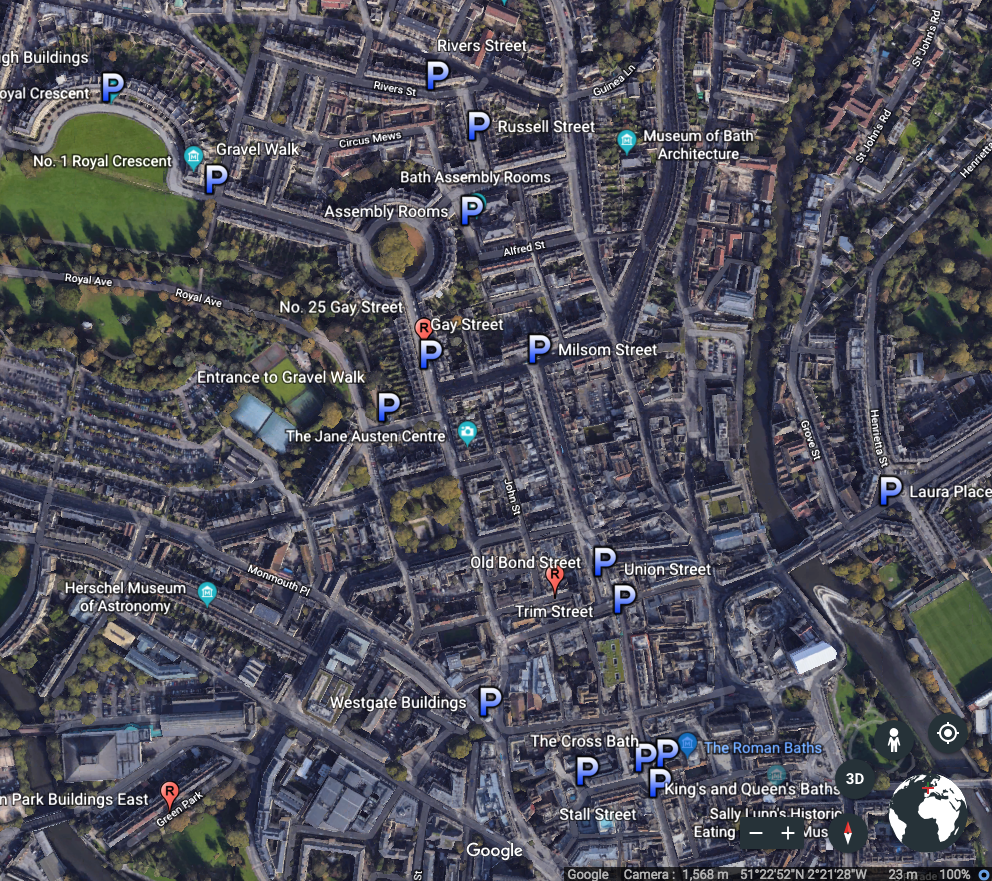 A google earth photo of the City of Bath, England